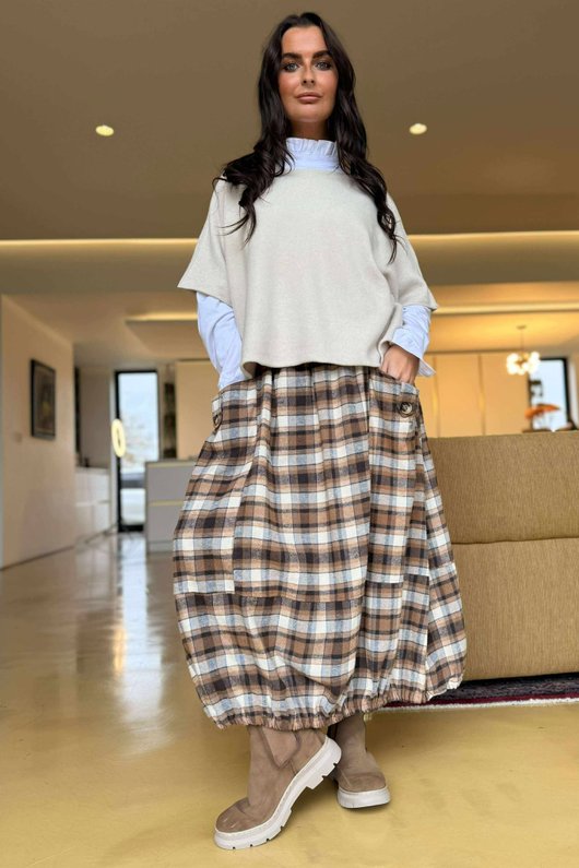 Roberta Plaid Brushed Cotton Balloon Hem Skirt Camel